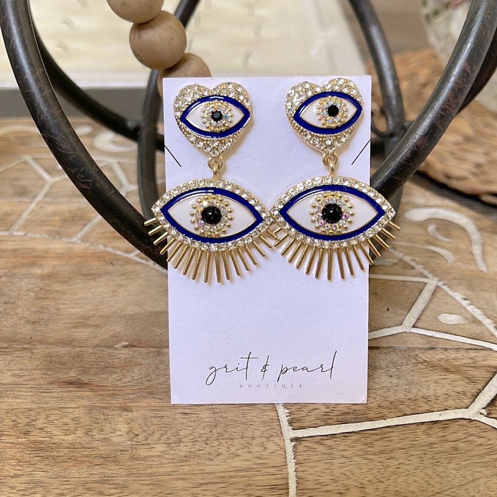 Blue Evil Eye Rhinestone Drop Earrings | Gold-Tone Statement Jewelry